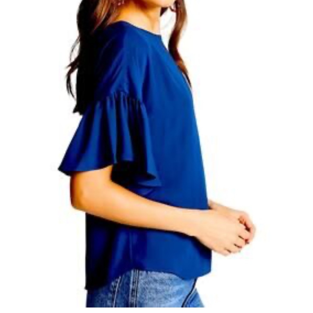 Amanda Uprichard Navy Blue Women's Ruffle Sleeve Blouse Top Size MP